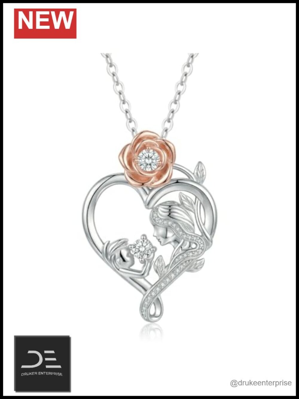 18k White Gold Plated Mother Daughter Pendant Necklace with Cubic Zirconia